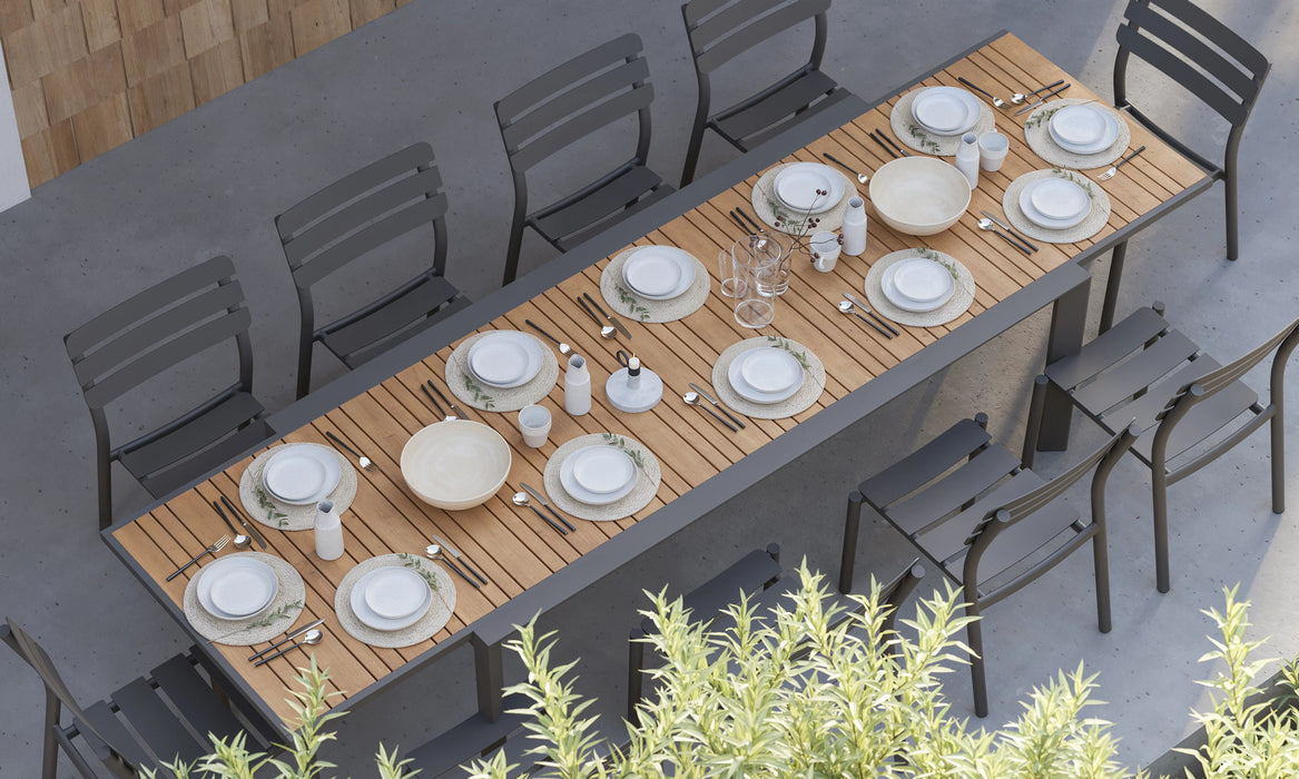 Teak + Aluminum Outdoor Expandable Dining Table + 10 595 Armless Chairs