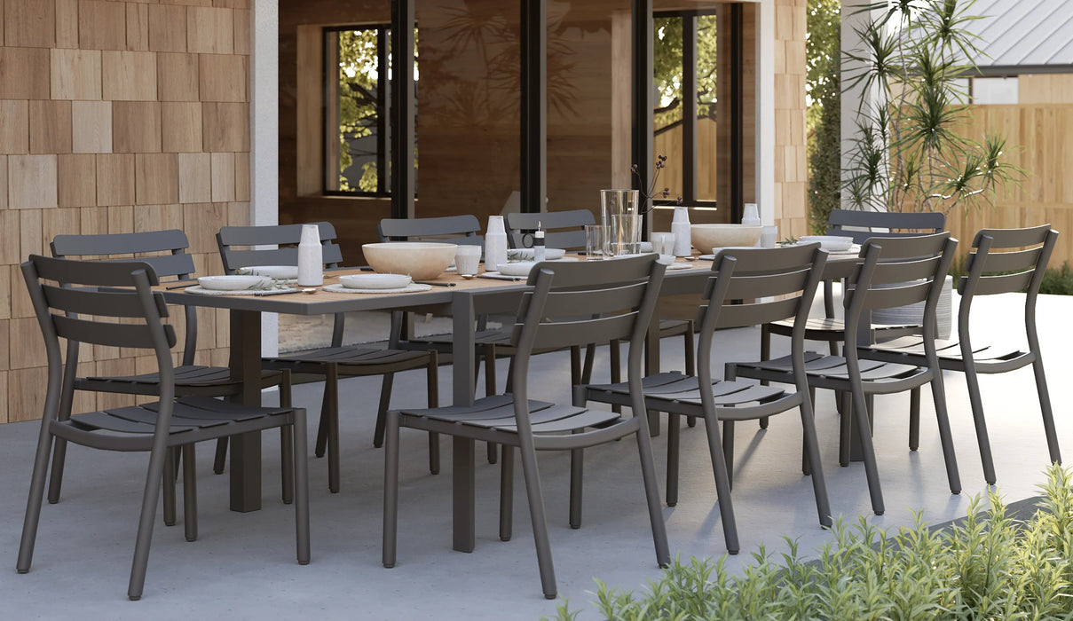 Teak + Aluminum Outdoor Expandable Dining Table + 10 595 Armless Chairs