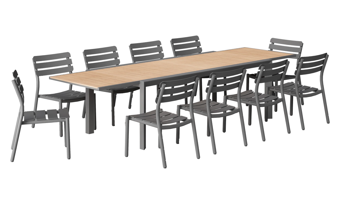 Teak + Aluminum Outdoor Expandable Dining Table + 10 595 Armless Chairs