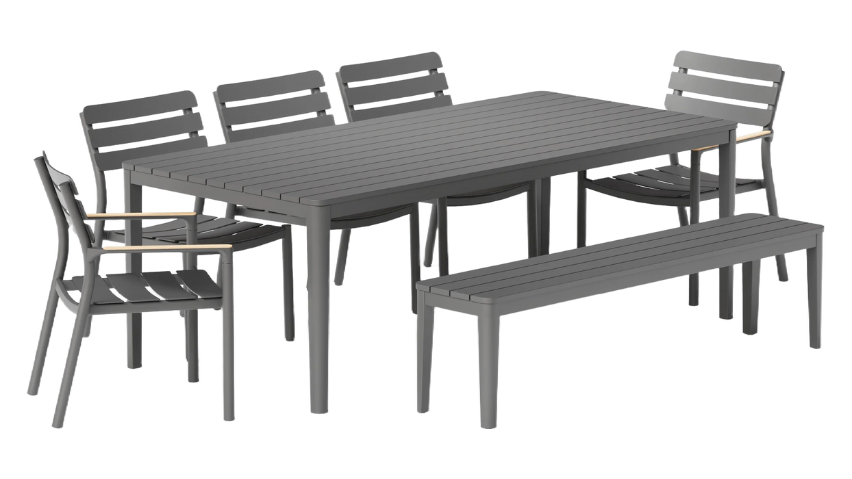 Aluminum Outdoor Rectangular Dining Table + 2 595 Armchairs + 3 595 Armless Chairs + Aluminum Dining Bench