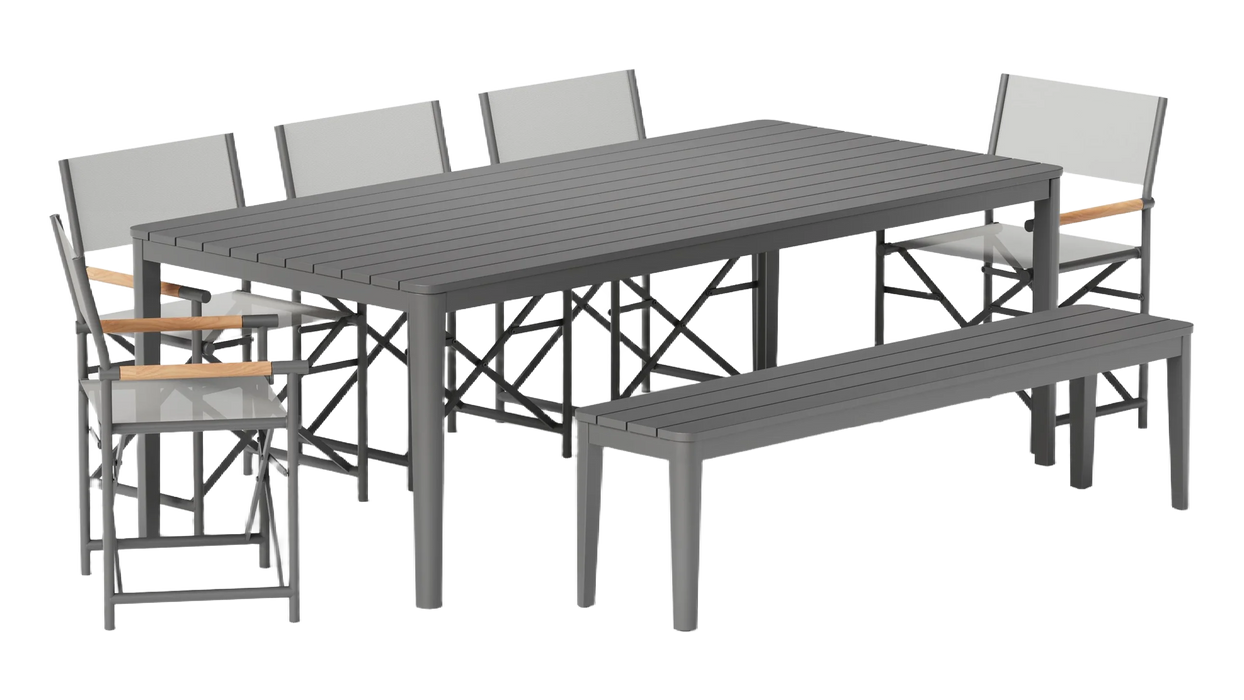 Aluminum Outdoor Rectangular Dining Table + 5 Aluminum Director's Chairs + Aluminum Dining Bench