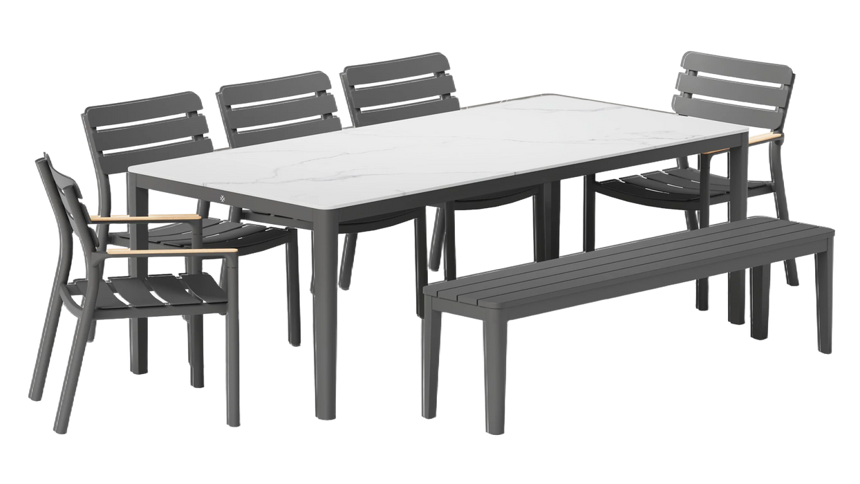 OuterStone Outdoor Dining Table + 2 595 Armchairs + 3 595 Armless Chairs + Aluminum Dining Bench