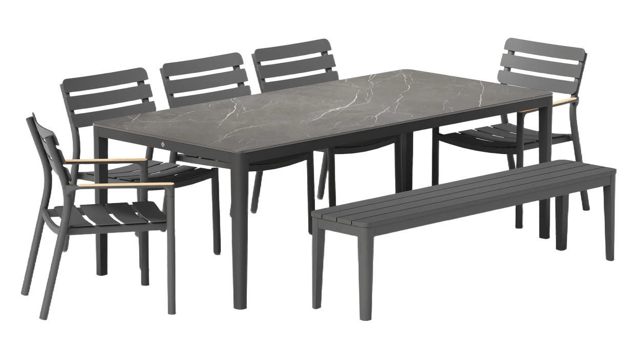 OuterStone Outdoor Dining Table + 2 595 Armchairs + 3 595 Armless Chairs + Aluminum Dining Bench
