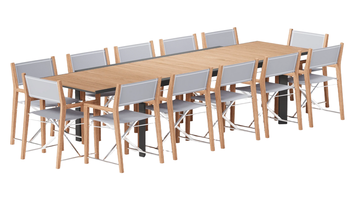 Teak + Aluminum Outdoor Expandable Dining Table + 12 Teak Director's Chairs
