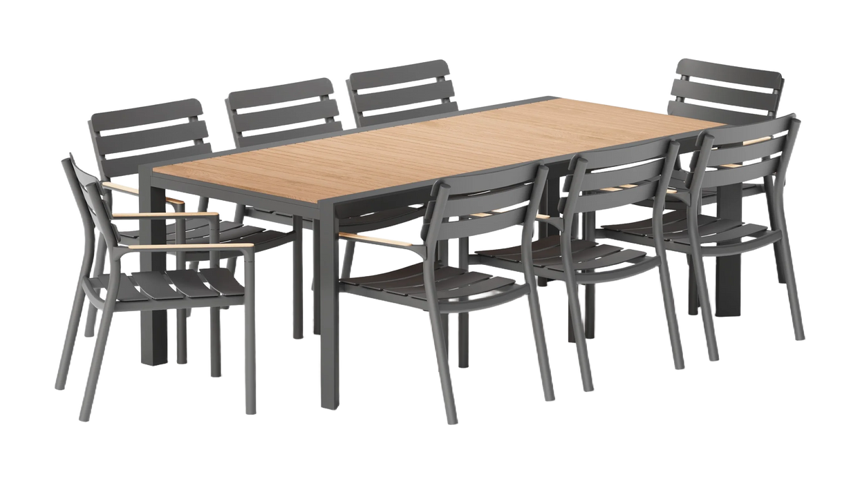 Teak + Aluminum Outdoor Expandable Dining Table + 8 595 Armchairs