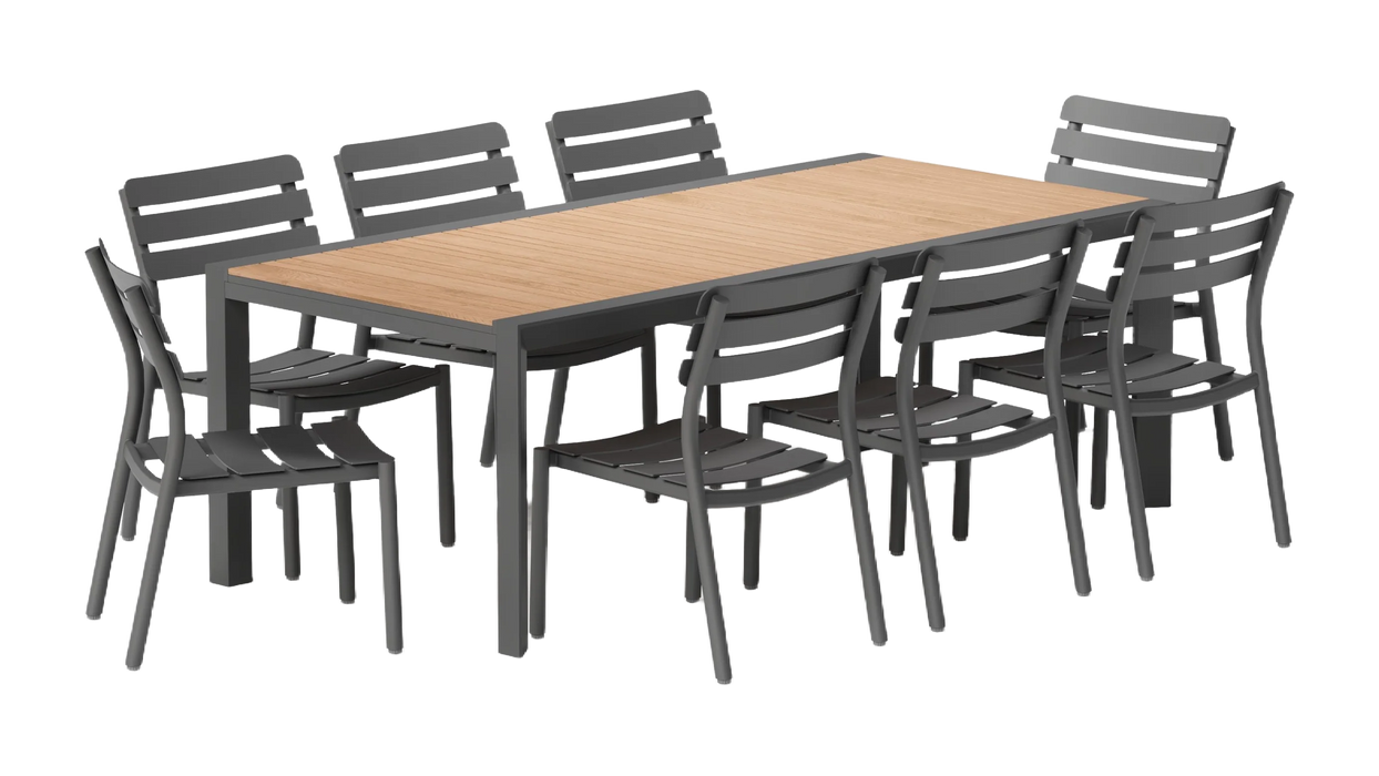 Teak + Aluminum Outdoor Expandable Dining Table + 8 595 Armless Chairs