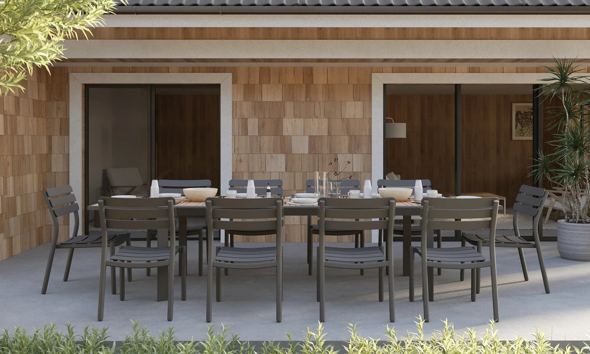 Teak + Aluminum Outdoor Expandable Dining Table + 10 595 Armless Chairs