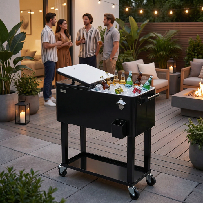 80 Quart Portable Outdoor Patio Rolling Cooler Cart (Black)