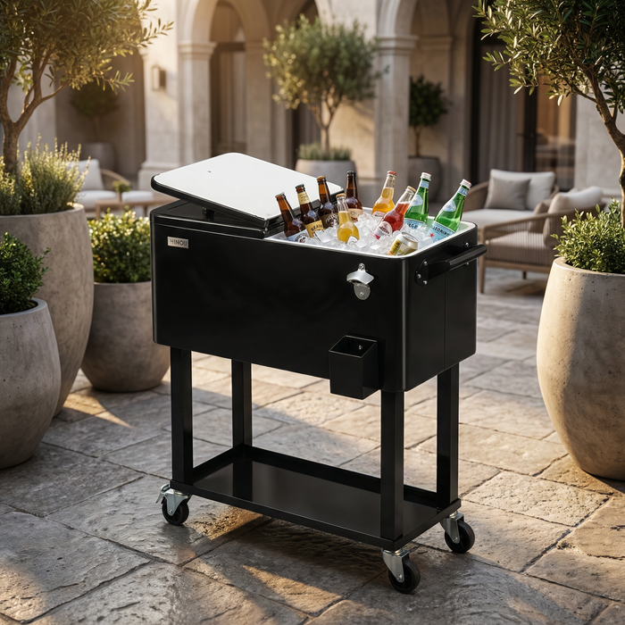 80 Quart Portable Outdoor Patio Rolling Cooler Cart (Black)