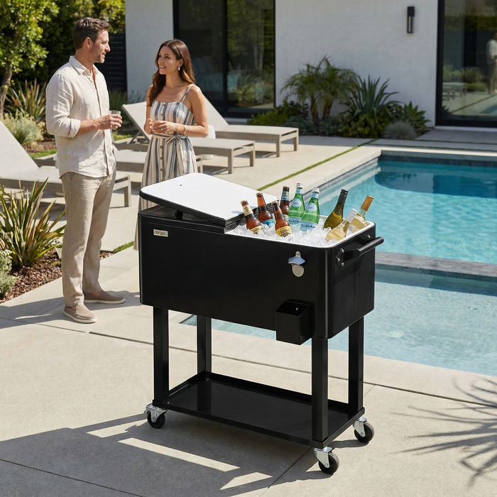 80 Quart Portable Outdoor Patio Rolling Cooler Cart (Black)