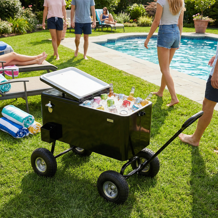 80 Quart Wagon Rolling Cooler Ice Chest with 10" Wheels (Black)