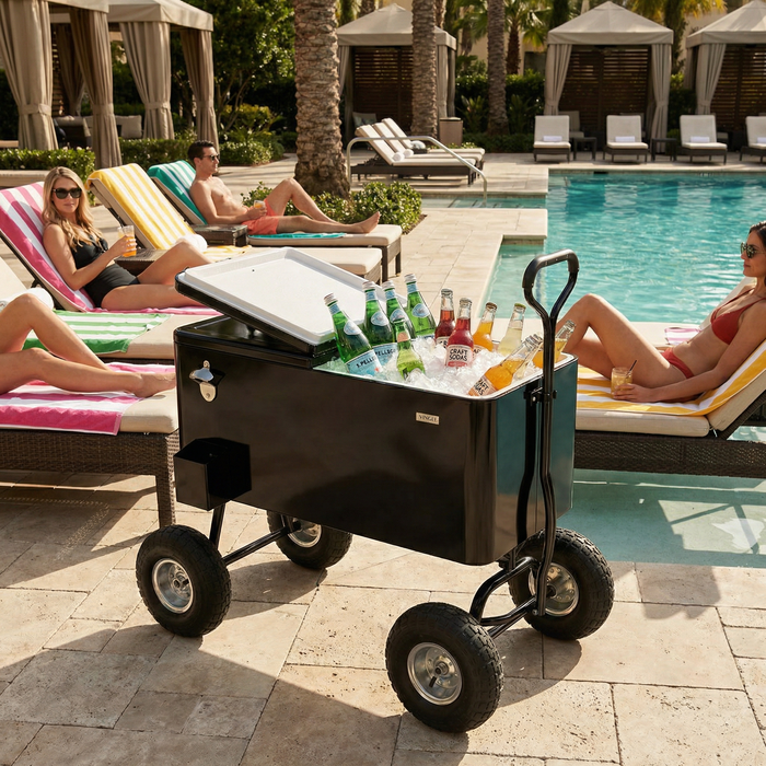 80 Quart Wagon Rolling Cooler Ice Chest with 10" Wheels (Black)