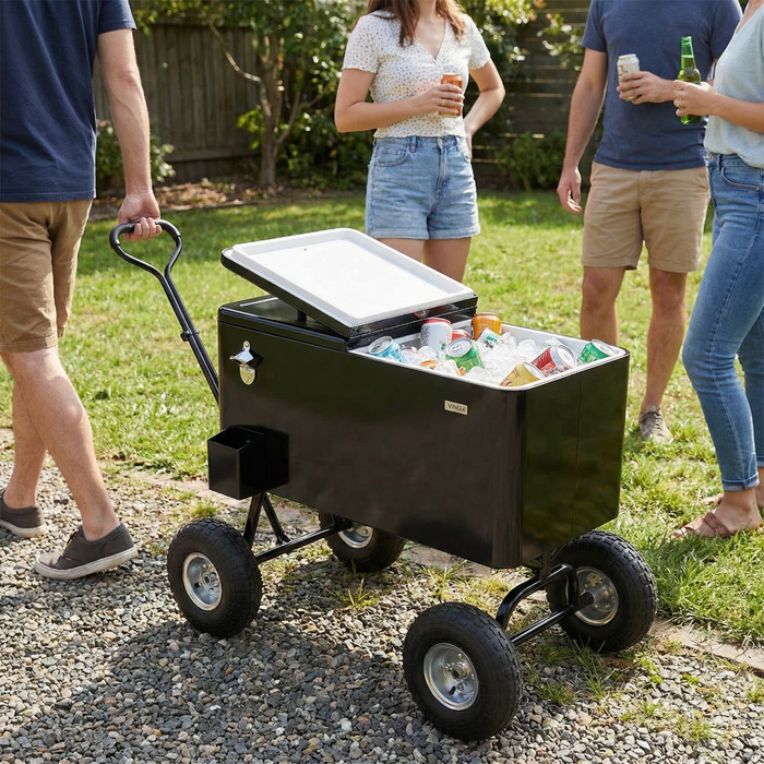 80 Quart Wagon Rolling Cooler Ice Chest with 10" Wheels (Black)