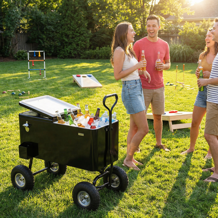 80 Quart Wagon Rolling Cooler Ice Chest with 10" Wheels (Black)