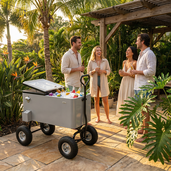 80 Quart Wagon Rolling Cooler Ice Chest with 10" Wheels (Grey)