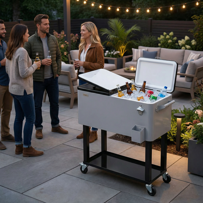80 Quart Portable Outdoor Patio Rolling Cooler Cart (Grey)