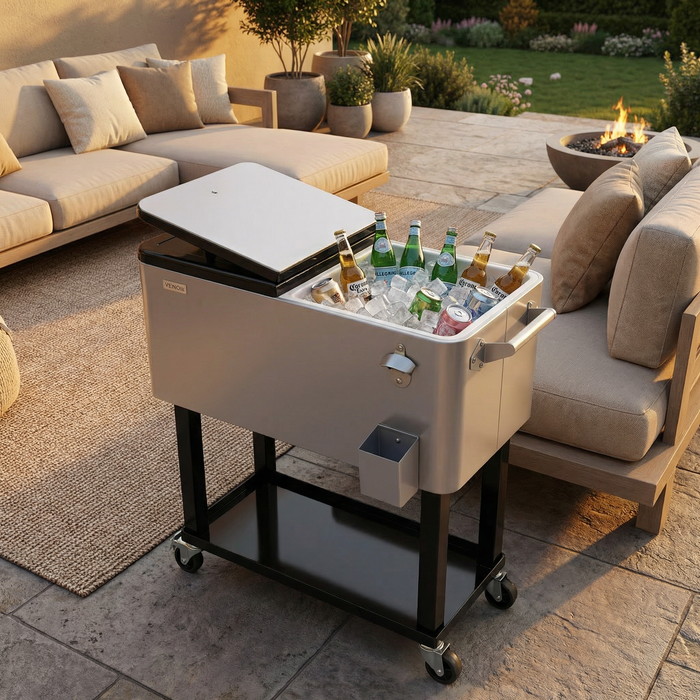 80 Quart Portable Outdoor Patio Rolling Cooler Cart (Grey)