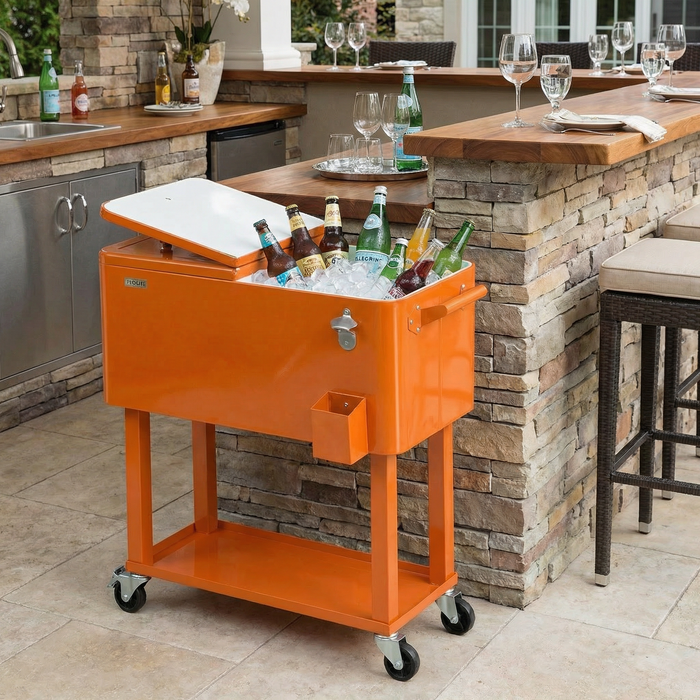 80 Quart Portable Outdoor Patio Rolling Cooler Cart (Orange)
