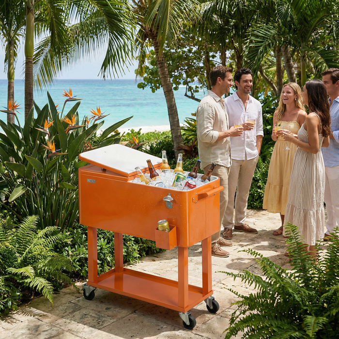 80 Quart Portable Outdoor Patio Rolling Cooler Cart (Orange)