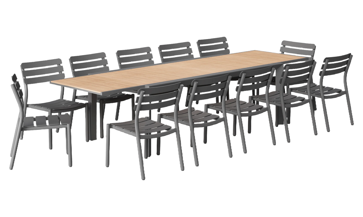 Teak + Aluminum Outdoor Expandable Dining Table + 12 595 Armless Chairs