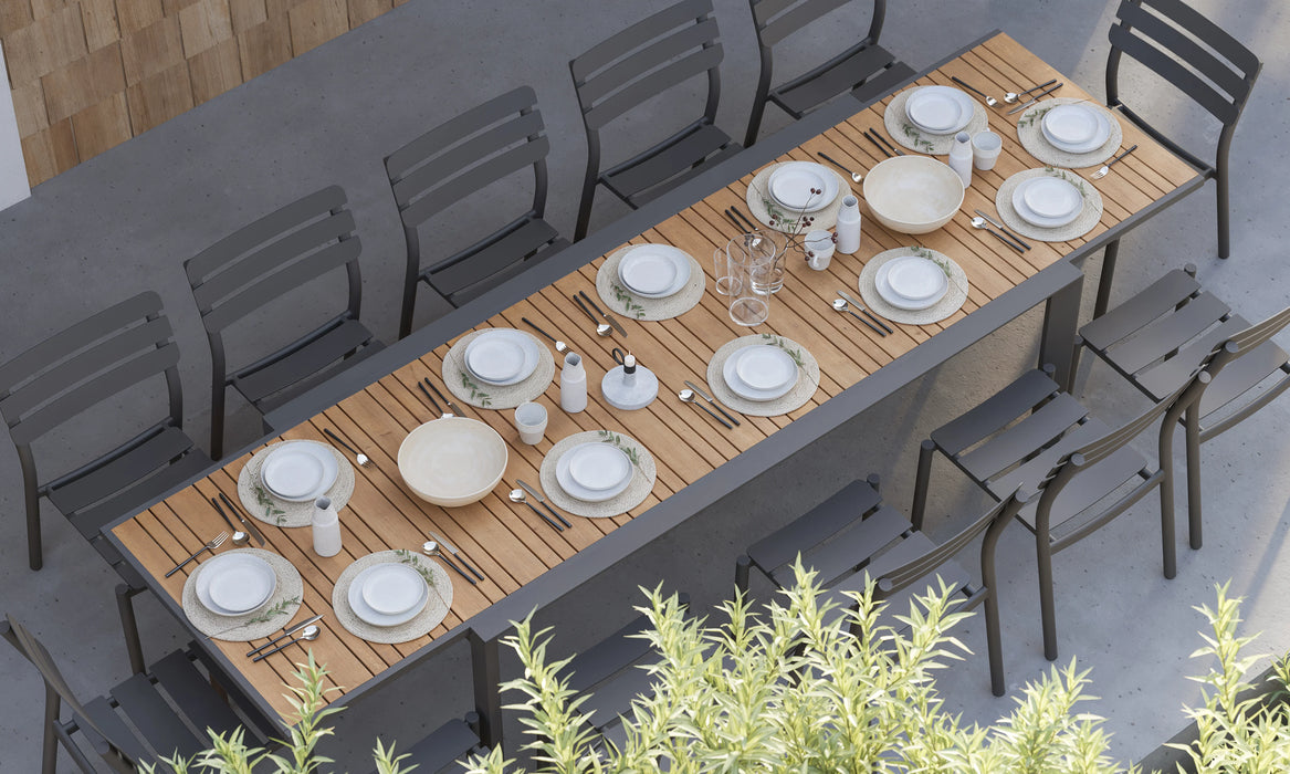 Teak + Aluminum Outdoor Expandable Dining Table + 12 595 Armless Chairs