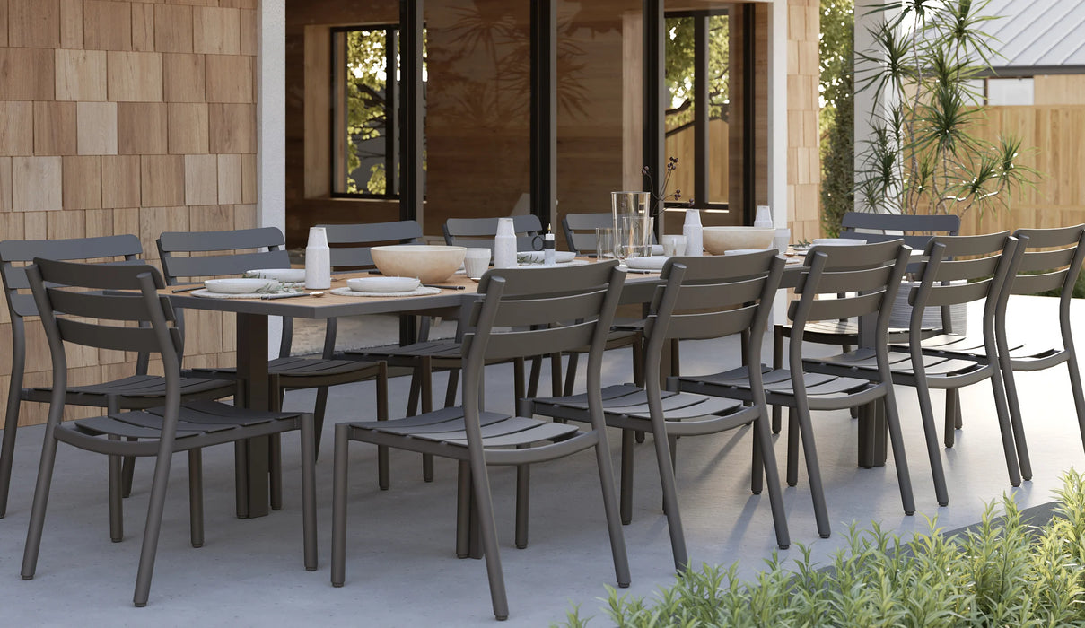 Teak + Aluminum Outdoor Expandable Dining Table + 12 595 Armless Chairs