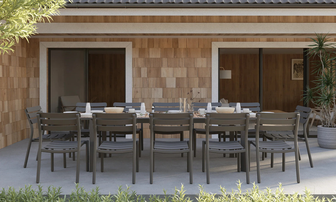 Teak + Aluminum Outdoor Expandable Dining Table + 12 595 Armless Chairs