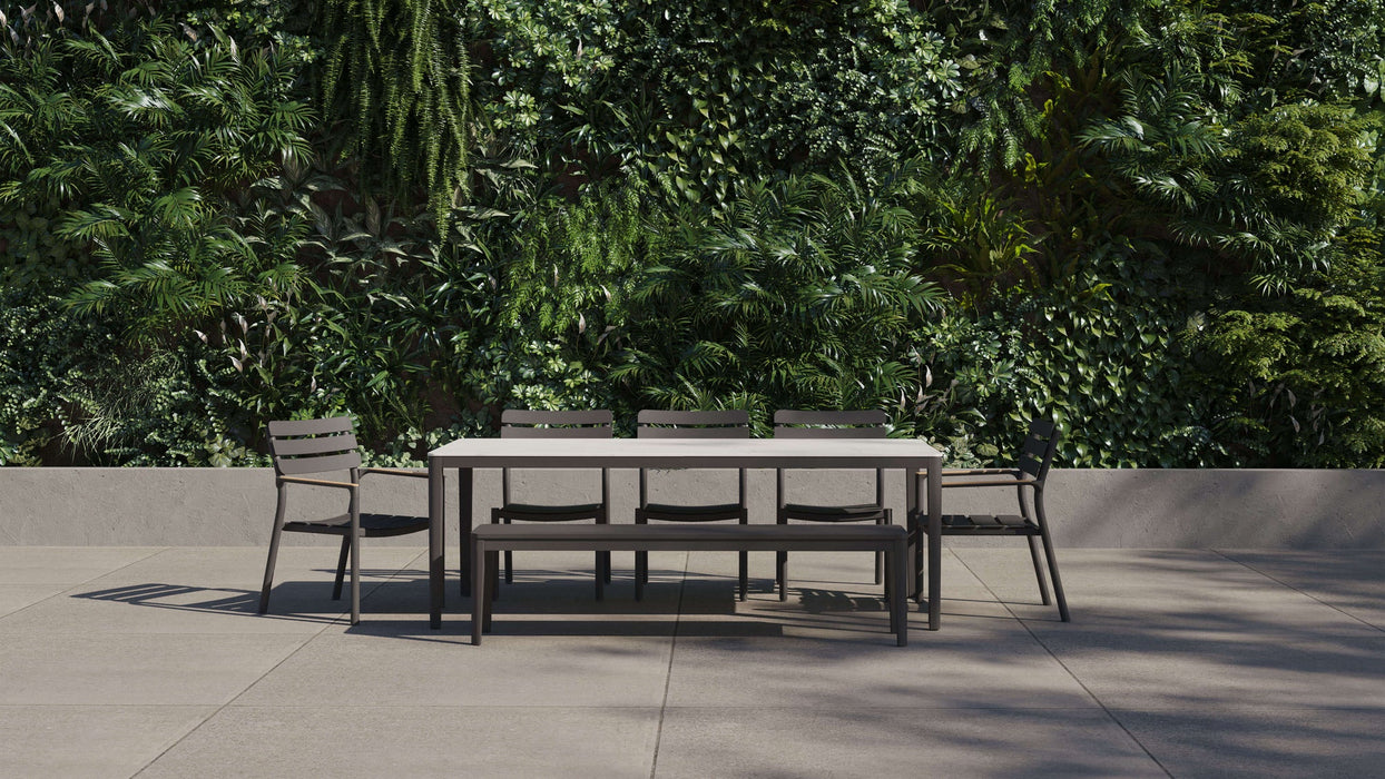 OuterStone Outdoor Dining Table + 2 595 Armchairs + 3 595 Armless Chairs + Aluminum Dining Bench