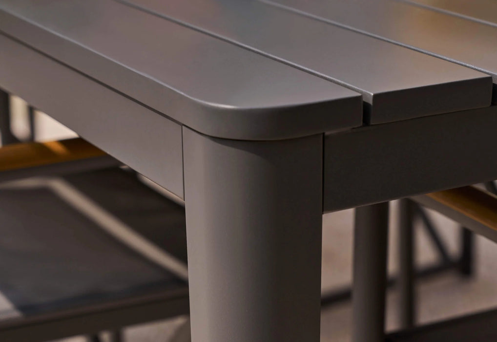 Aluminum Outdoor Rectangular Dining Table + 5 Aluminum Director's Chairs + Aluminum Dining Bench