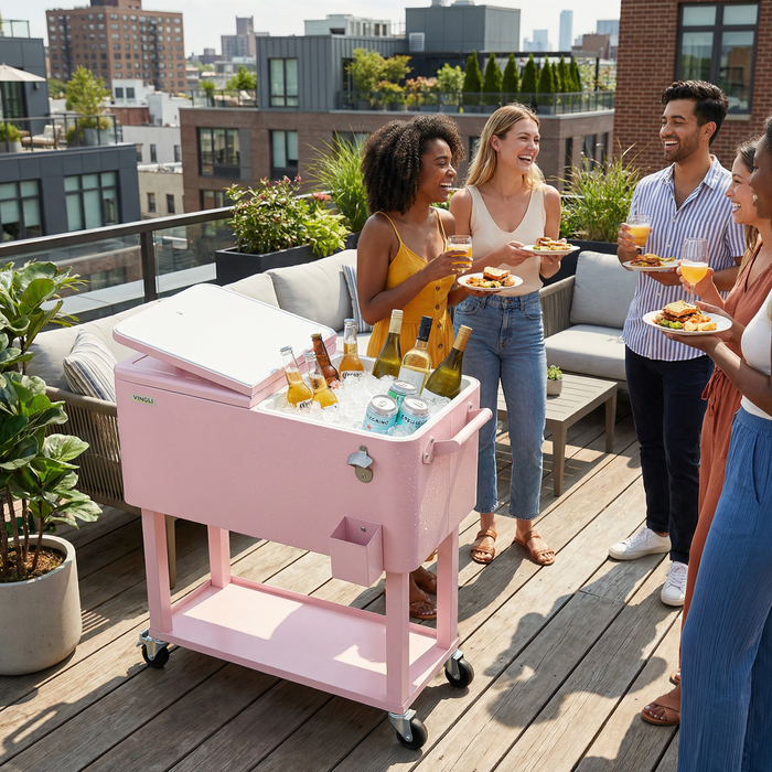 80 Quart Portable Outdoor Patio Rolling Cooler Cart (Pink)