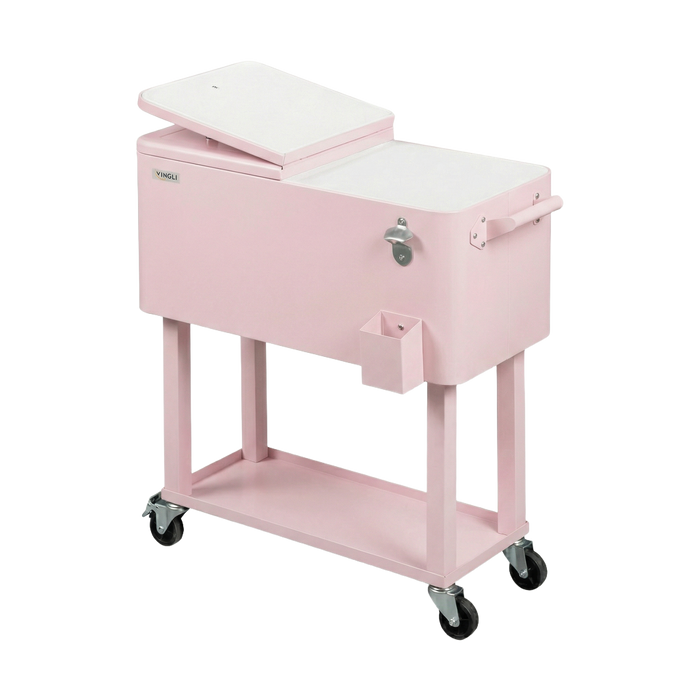 80 Quart Portable Outdoor Patio Rolling Cooler Cart (Pink)