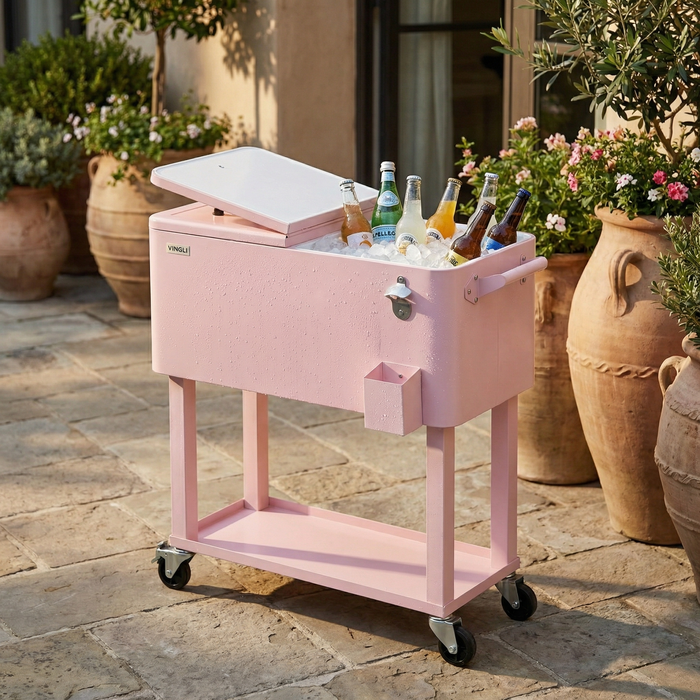 80 Quart Portable Outdoor Patio Rolling Cooler Cart (Pink)