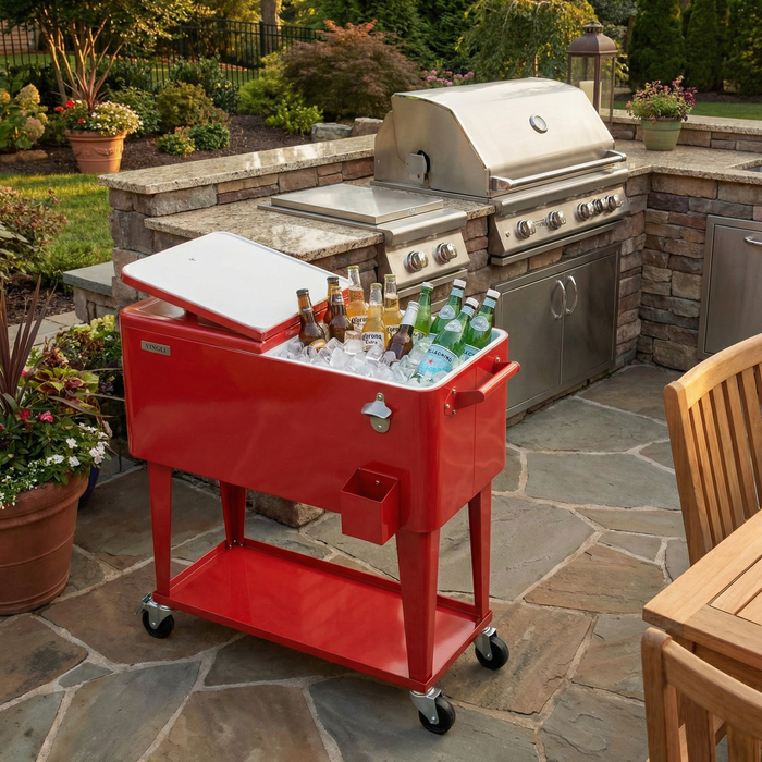 80 Quart Portable Outdoor Patio Rolling Cooler Cart (Red)