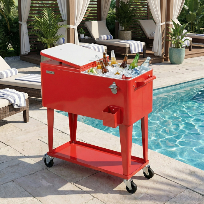 80 Quart Portable Outdoor Patio Rolling Cooler Cart (Red)