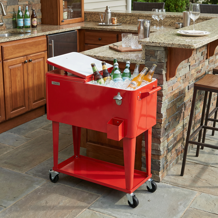 80 Quart Portable Outdoor Patio Rolling Cooler Cart (Red)