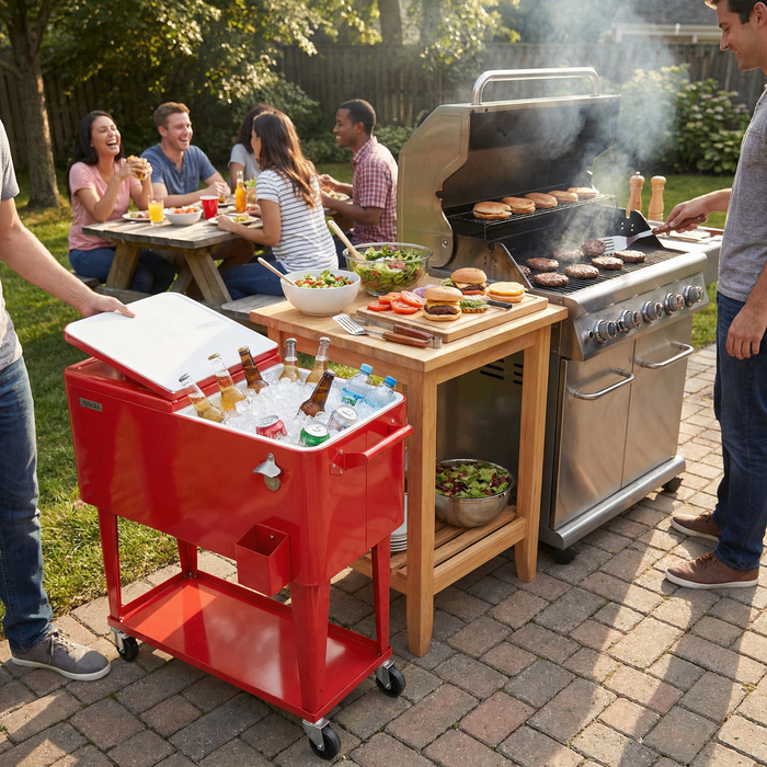 80 Quart Portable Outdoor Patio Rolling Cooler Cart (Red)