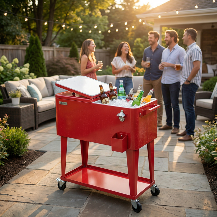 80 Quart Portable Outdoor Patio Rolling Cooler Cart (Red)