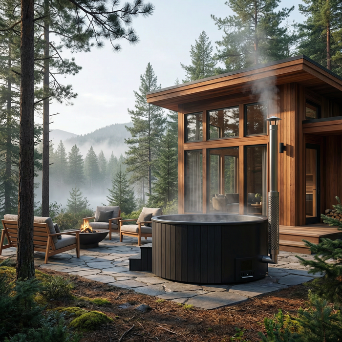 SaunaLife Model S4B Wood-Fired Hot Tub – 4–6 Person (Black Thermo-Pine)
