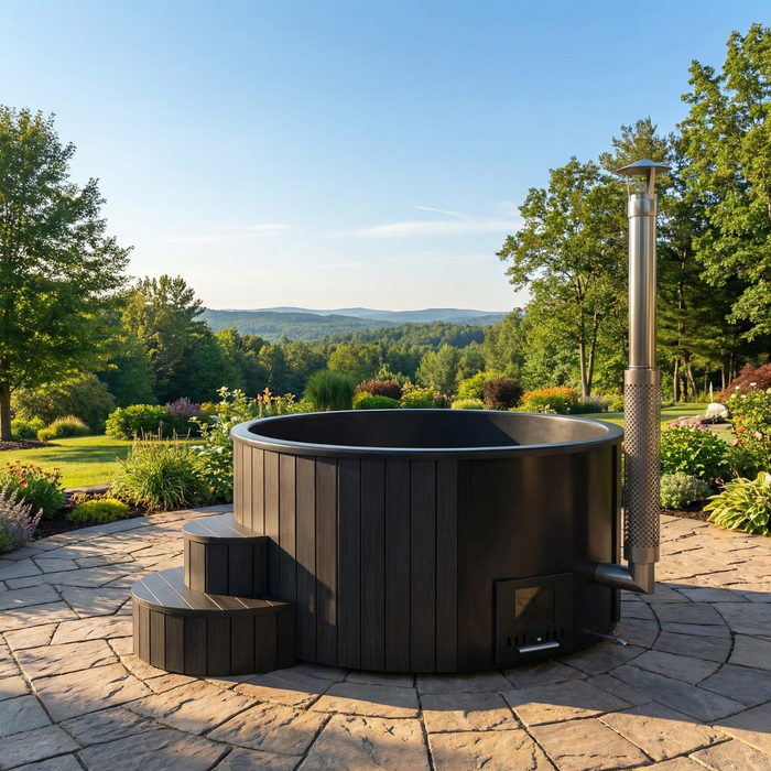 SaunaLife Model S4B Wood-Fired Hot Tub – 4–6 Person (Black Thermo-Pine)