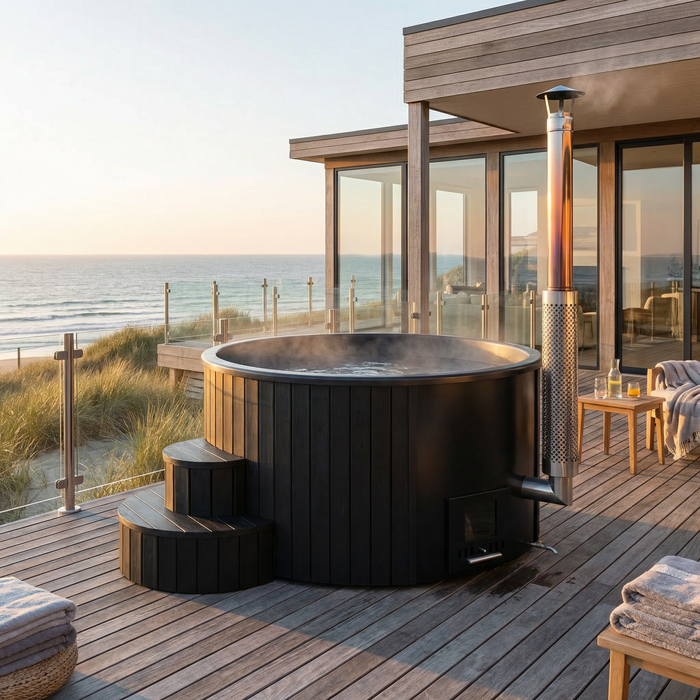 SaunaLife Model S4B Wood-Fired Hot Tub – 4–6 Person (Black Thermo-Pine)