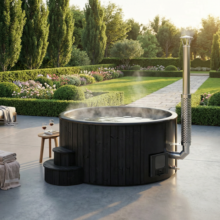 SaunaLife Model S6B Wood-Fired Hot Tub – 5–7 Person (Black Thermo-Spruce)