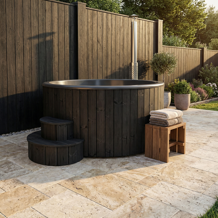 SaunaLife Model S6B Wood-Fired Hot Tub – 5–7 Person (Black Thermo-Spruce)