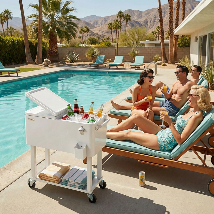 80 Quart Portable Outdoor Patio Rolling Cooler Cart (White)
