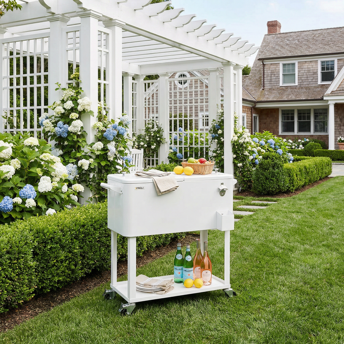 80 Quart Portable Outdoor Patio Rolling Cooler Cart (White)