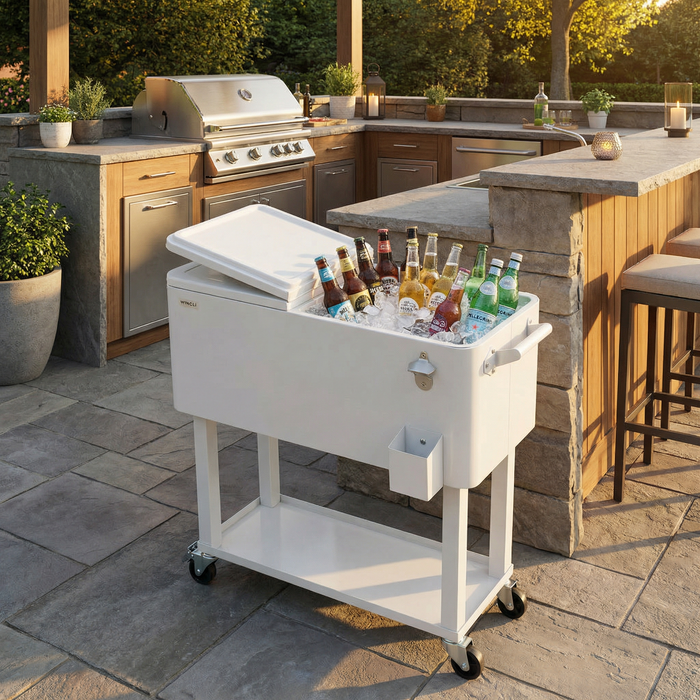 80 Quart Portable Outdoor Patio Rolling Cooler Cart (White)