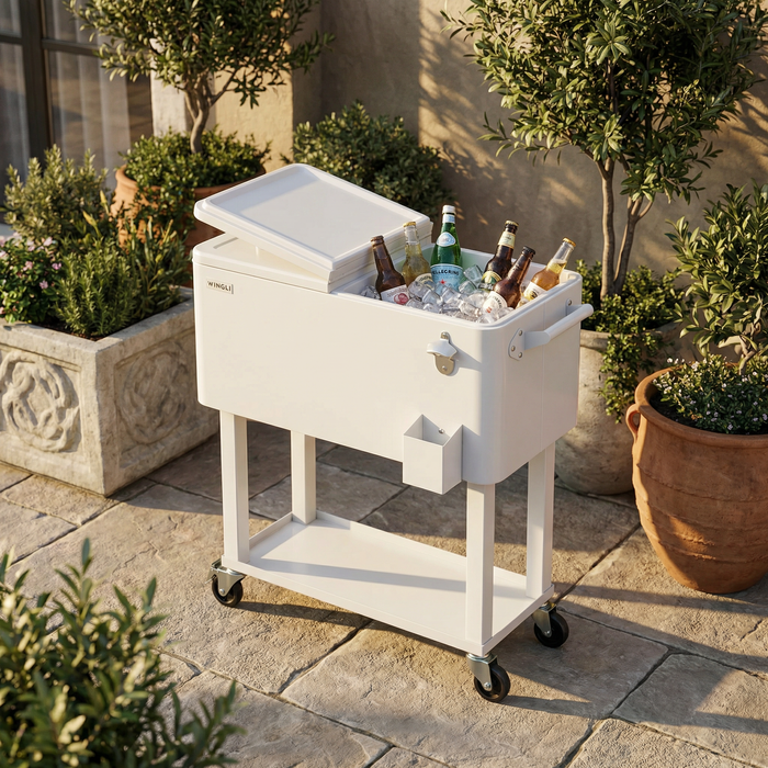 80 Quart Portable Outdoor Patio Rolling Cooler Cart (White)