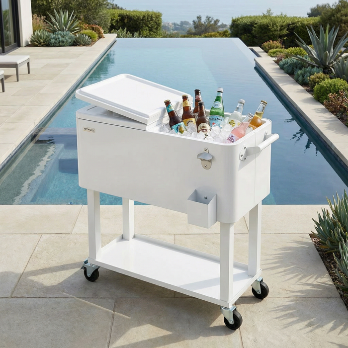 80 Quart Portable Outdoor Patio Rolling Cooler Cart (White)