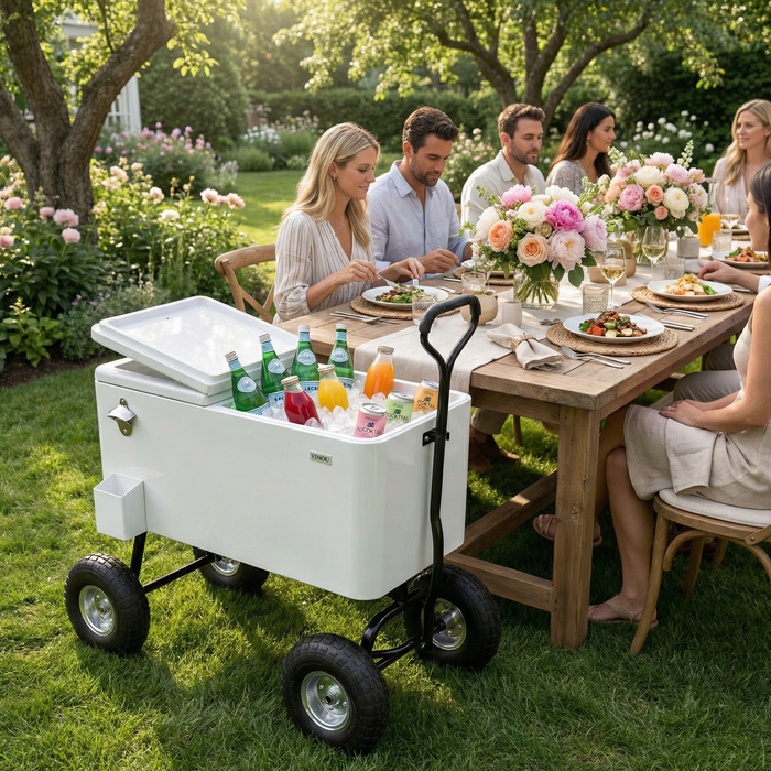 80 Quart Wagon Rolling Cooler Ice Chest with 10" Wheels (White)