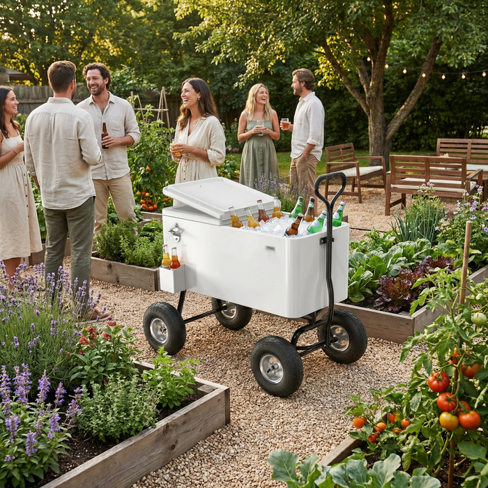 80 Quart Wagon Rolling Cooler Ice Chest with 10" Wheels (White)