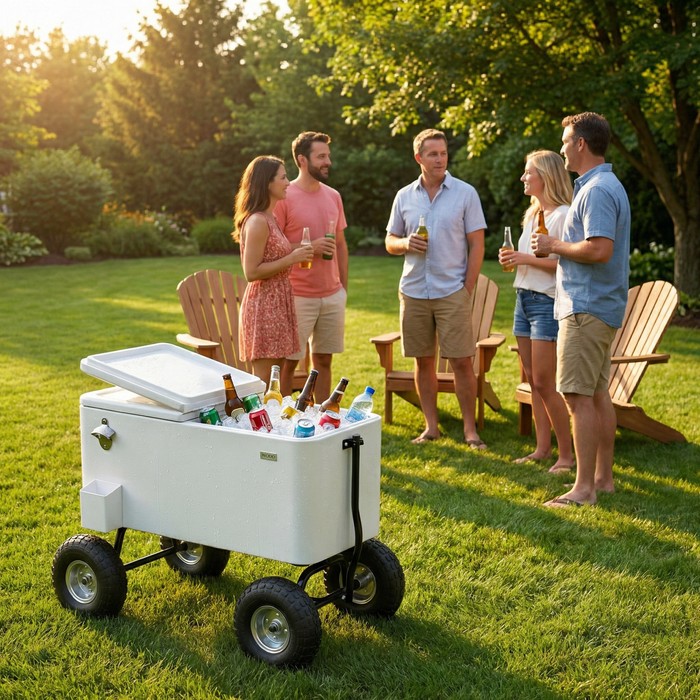 80 Quart Wagon Rolling Cooler Ice Chest with 10" Wheels (White)
